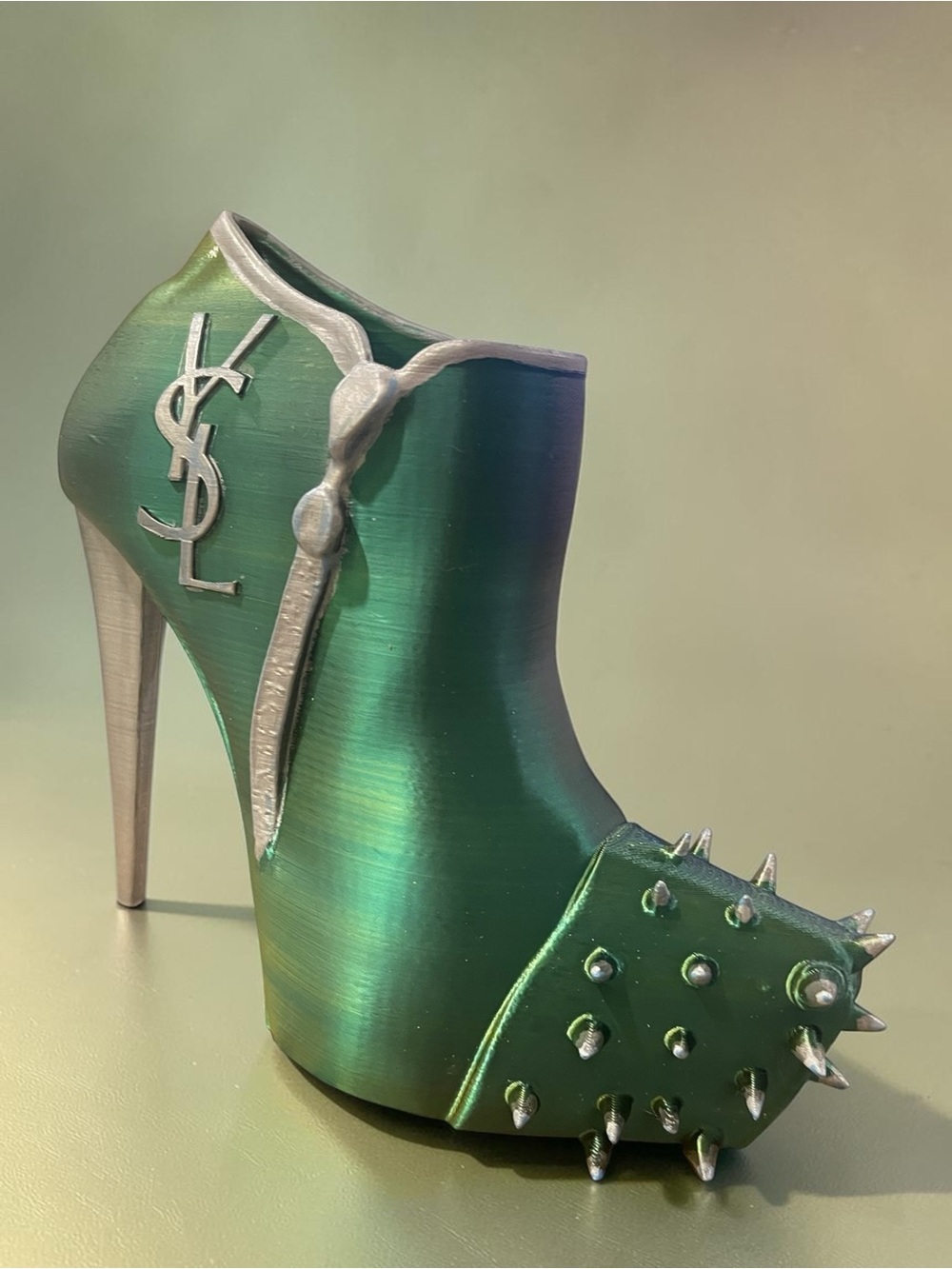 3d Hand Crafted YSL Logo Green & Blue Metallic Silver Spike-Heel Accent Stiletto - Picture 3 of 15